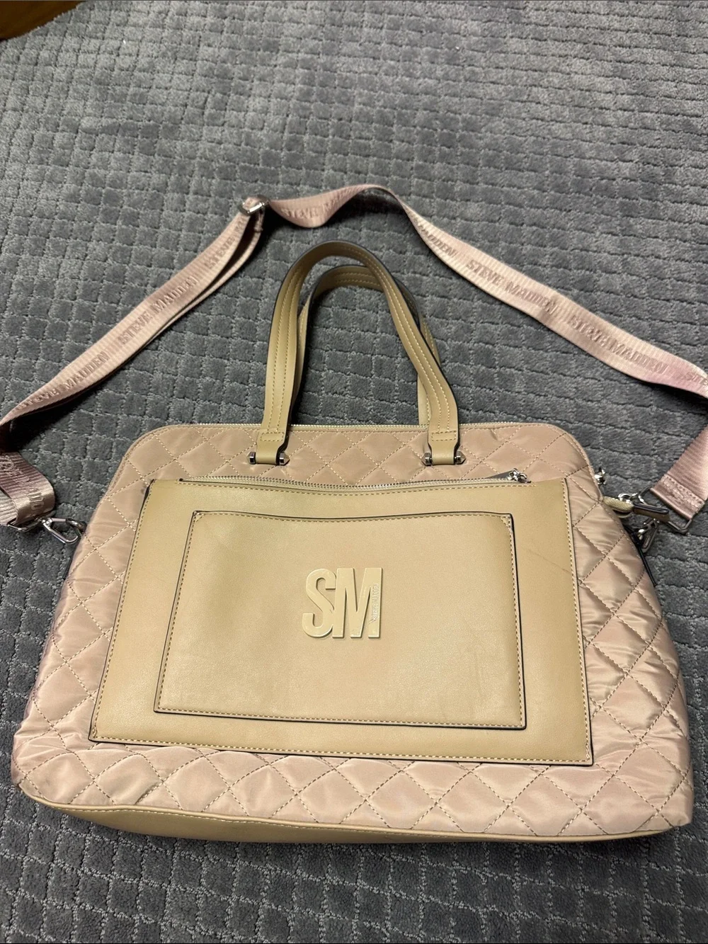 Steve Madden Light Brown Quilted Laptop Tote with SM Emblem